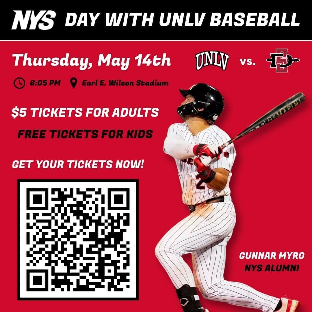 UNLV Baseball is hosting NYS Day for their May 14th game against San Diego State at 6:05 PM! Tickets are just $5 for adults, and FREE for kids! Grab your tickets today by scanning the QR code or clicking the link-in-bio and get ready to cheer on your Hustlin’ Rebels!