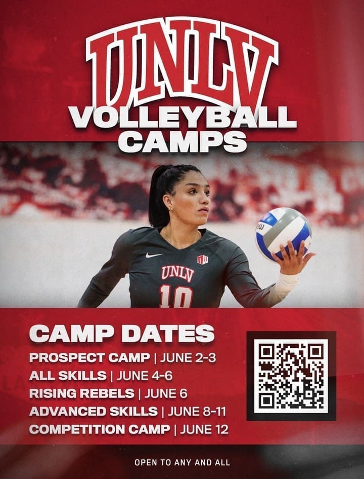 The UNLV Rebel Volleyball Camp welcomes girls and boys to come and train with UNLV Head Volleyball Coach, Malia Shoji! This top volleyball camp in Nevada welcomes athletes of all abilities, looking to improve their volleyball skills in a fun and competitive environment!

Athletes from Las Vegas and beyond will develop through training and competitions daily. ​Under the direction of the UNLV Coaching staff along with current and former players, each of the four camps will focus on making better volleyball players in a fun, competitive environment.

Highlights Include: Training from College coaches and players, excellent training facilities, a minimum 1:10 coach to camper ratio, and all Skills, Advanced Skills, Rising Rebels, Prospect and Team Camp Programs.

You can expect high demand for these first-come-first-serve camper spots, so please be sure to register early as last year's camp filled up to capacity. Secure your spot today by scanning the QR code or visiting rebelvolleyballcamps.com!
