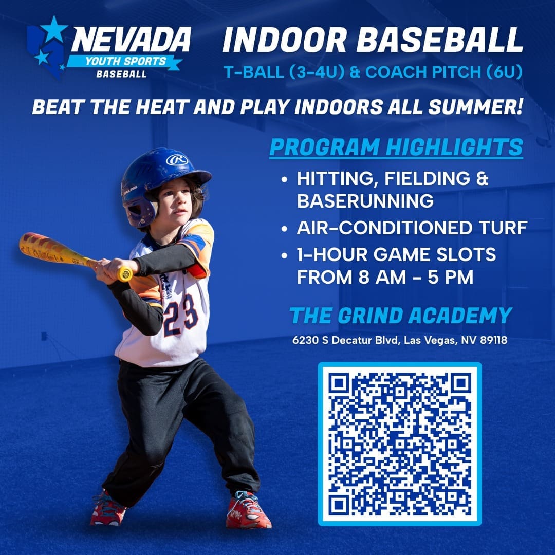 Beat the heat this summer and keep your athlete active indoors! ⚾❄️
Our Indoor Baseball Program is perfect for T-Ball (3–4U) and Coach Pitch (6U) players looking to develop their skills in a fun, air-conditioned environment.
✅ Hitting, fielding & baserunning
✅ 1-hour game slots (8 AM – 5 PM)
✅ Indoor, climate-controlled turf
All games played at The Grind Academy, located at 6230 S Decatur Blvd, Las Vegas, NV 89118.
Register today while spots still last by scanning the QR code or clicking the link-in-bio!